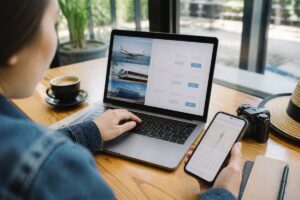 Iemand vergelijkt reizen en vakanties op een laptop met vakantie-inspiratie op smartphone