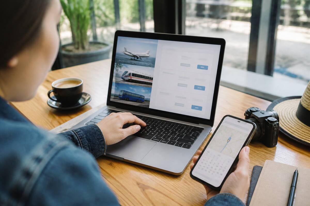 Iemand vergelijkt reizen en vakanties op een laptop met vakantie-inspiratie op smartphone