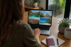 Iemand vergelijkt vakanties op een laptop met een notitieboek en paspoort op tafel
